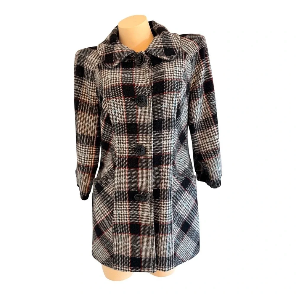 Guess Jeans Plaid Wool Blend Coat Womens L Black White Red Preppy Academia - Picture 13 of 16